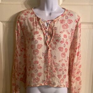 Chic Floral Lace-Up Blouse in Cream and Pink